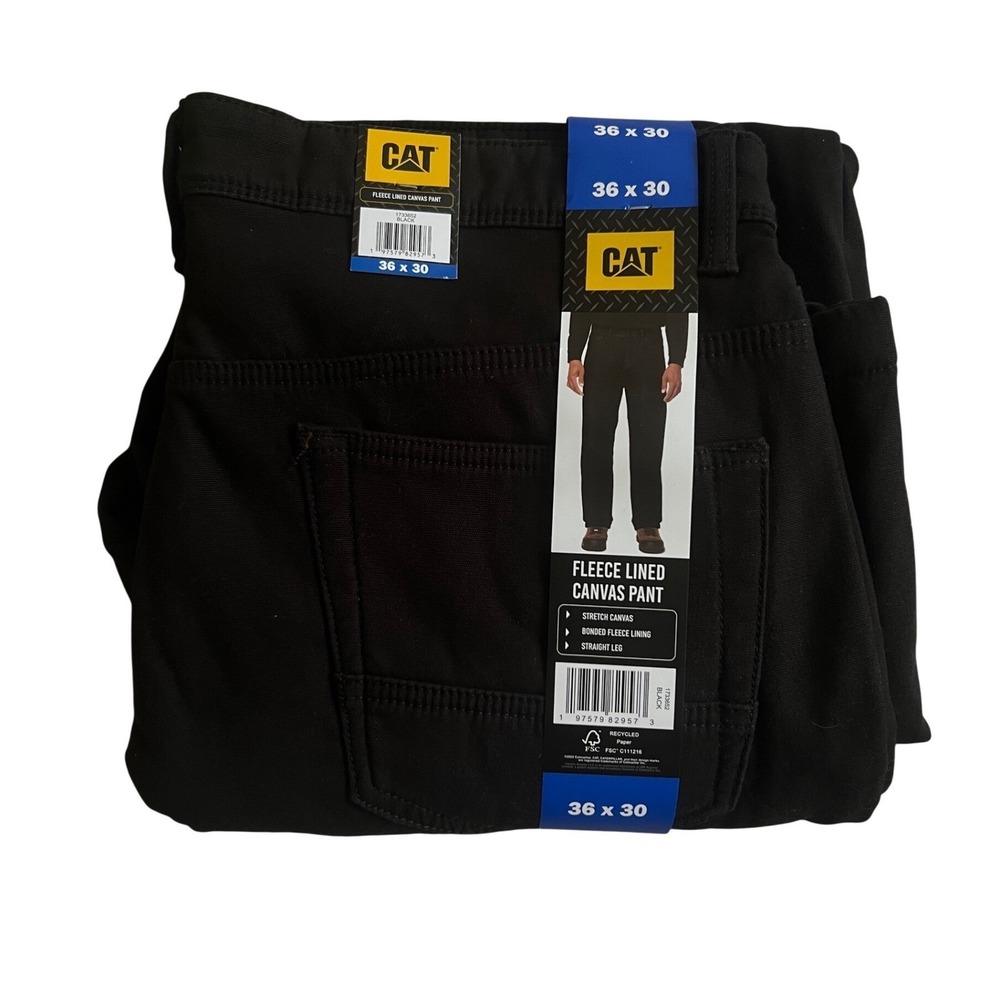CAT Caterpillar Mens‎ Fleece Lined Canvas Pants Black Straight Leg 36x30 1733652